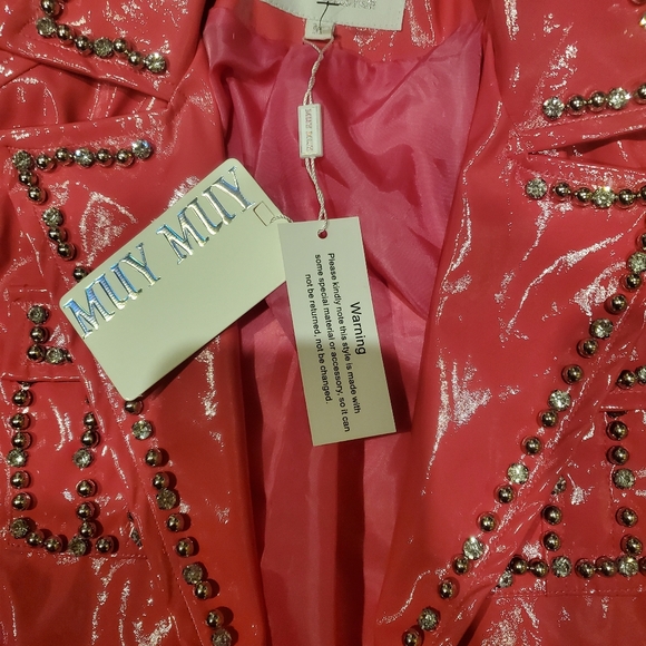 MUY MUY Hot Pink Patent Leather Embelished Rhinestone Cropped Motorcycle Jacket - Picture 6 of 7